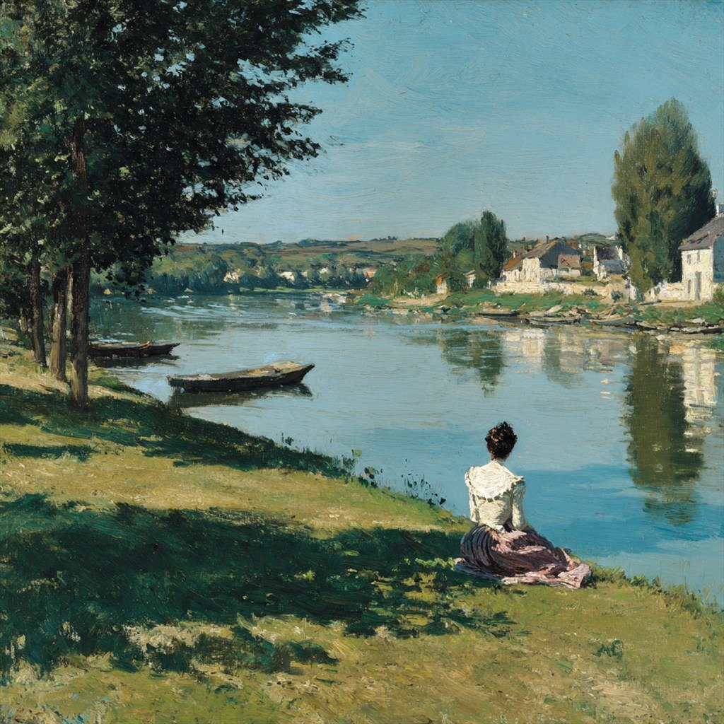 A seated figure watches sunlight spread across a quiet riverbank.