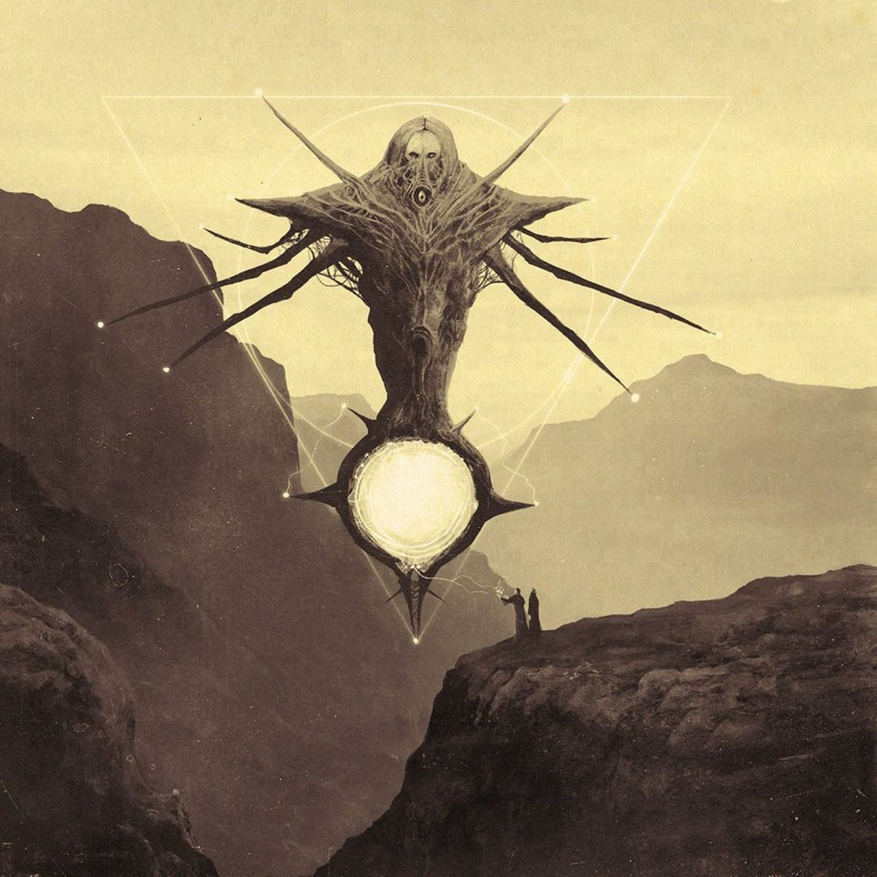 A sepia painting of a winged, bark-textured entity with a skull-like face hovering above a canyon, holding a glowing white orb, with faint geometric triangle lines and two tiny figures on a cliff edge below.