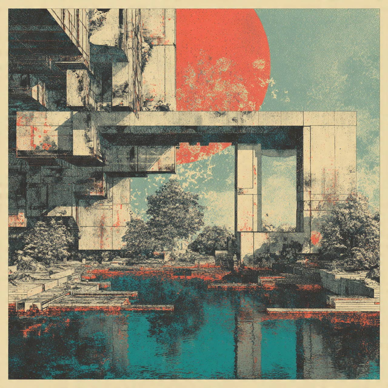 Approved Horizon: modern house, red sun, reflective water, architectural collage, landscape.