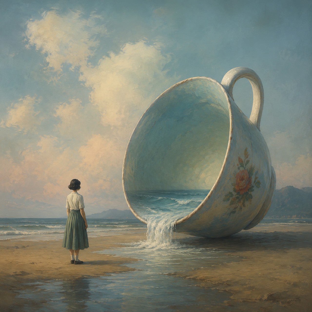 A giant porcelain teacup painted with a rose lies on its side on a beach pouring seawater onto the sand, while a woman in a white blouse and green skirt watches from the left.