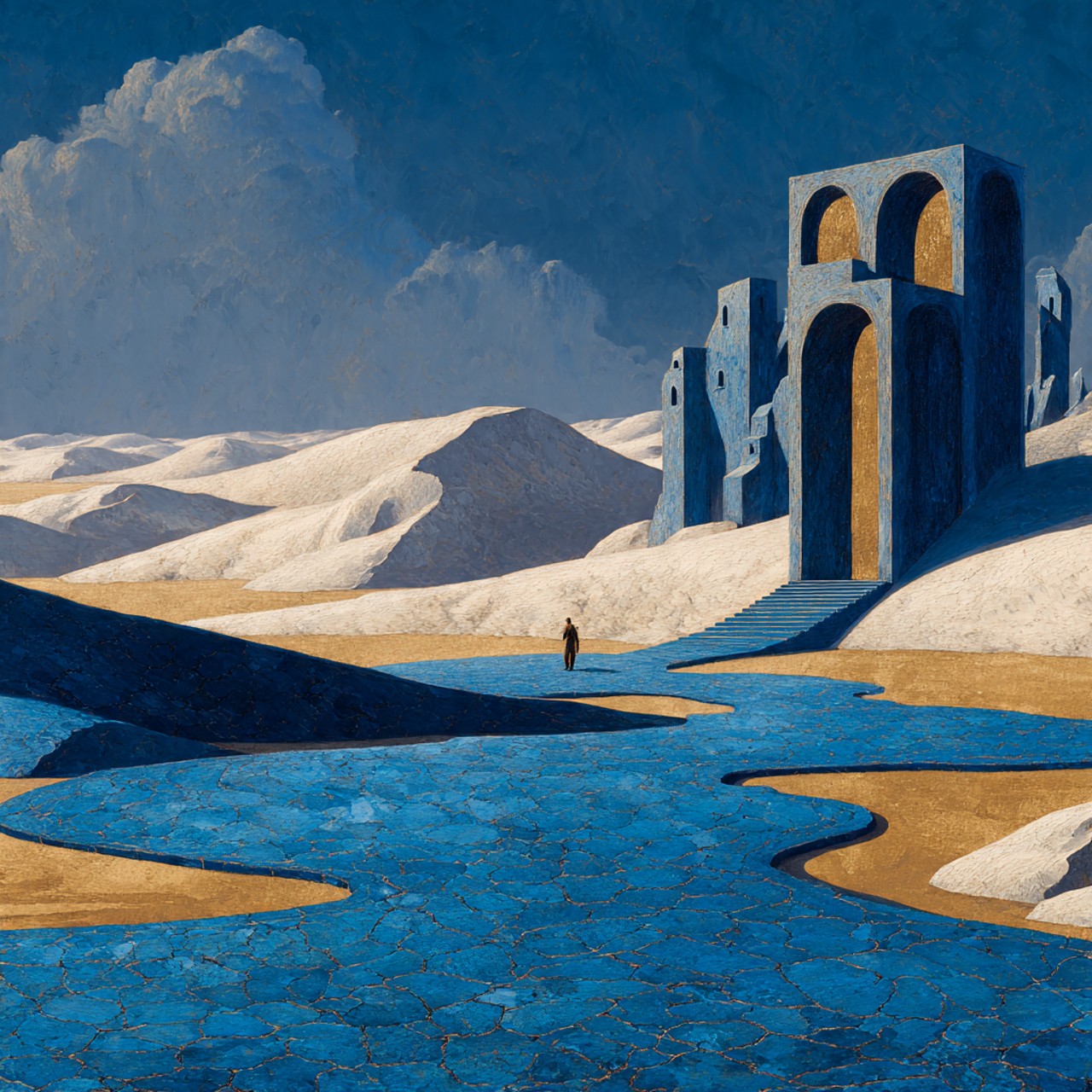 A lone traveler approaches monumental cobalt arches across a cracked blue channel in a white desert.