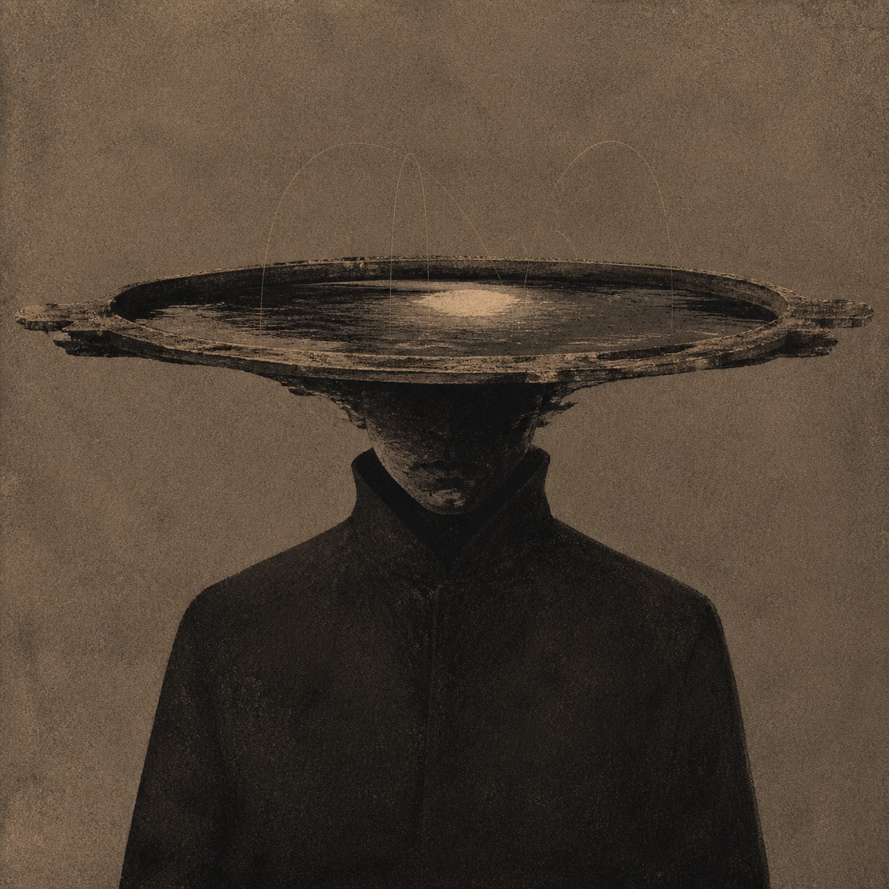 A sepia-toned image of a man in a dark buttoned coat whose head is a wide shallow basin holding a small glowing pool of light, with faint arcs rising from its rim.