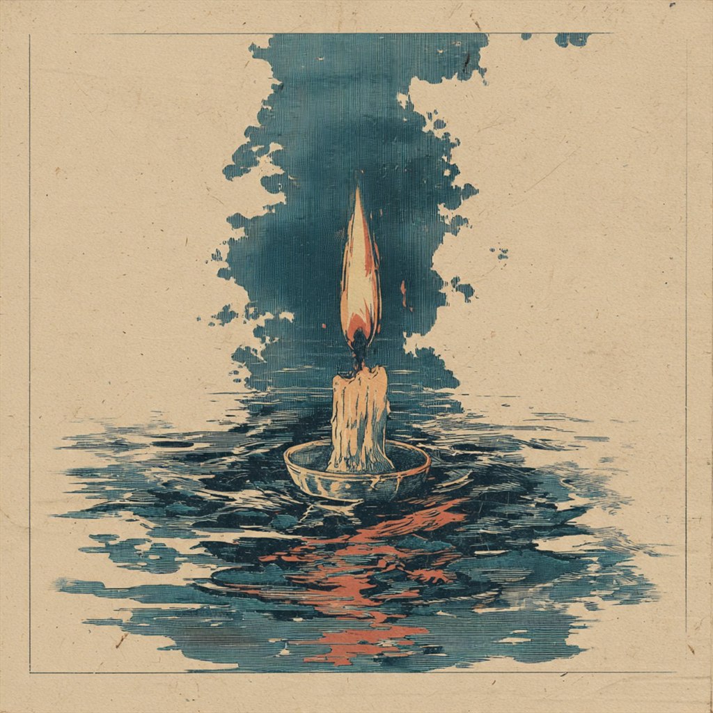 Birthday Spark: single candle, water surface, flame, dark field, surreal minimalism.