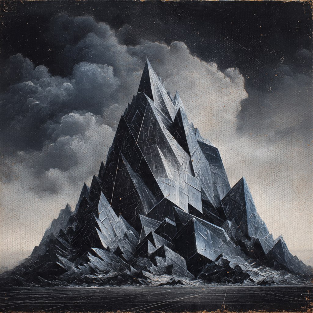 A black crystalline mountain cuts into a dense bank of storm clouds.