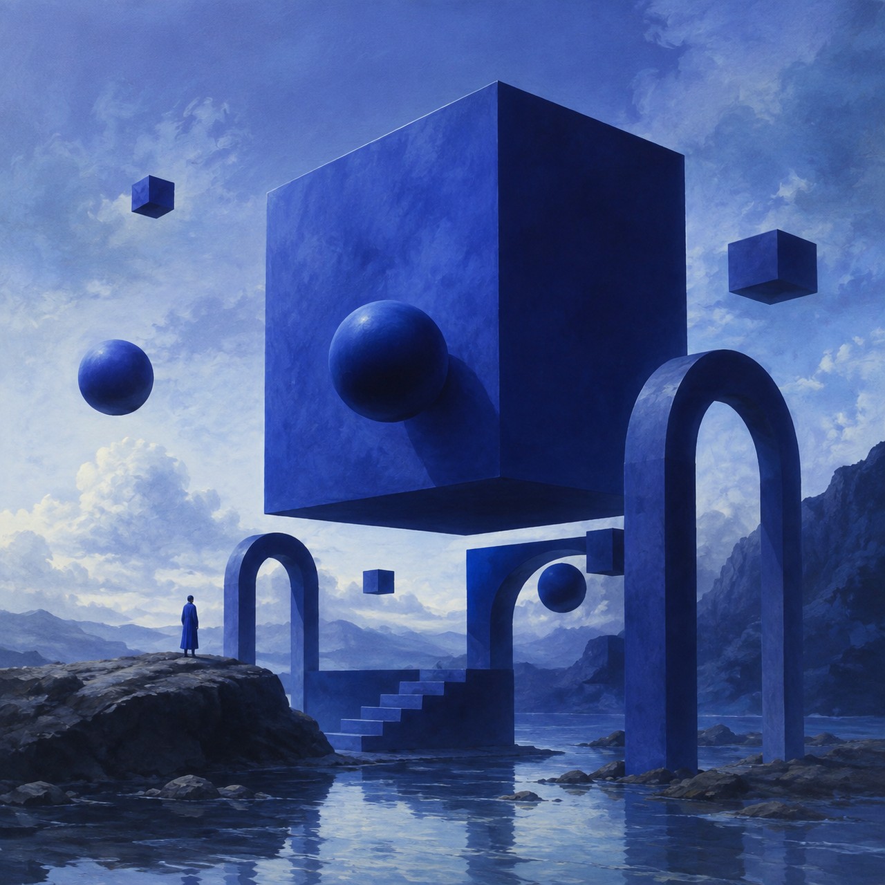 A large blue cube rests on arched concrete legs above shallow water, with blue spheres and smaller cubes floating around it, a staircase below and a small figure on the rocks.
