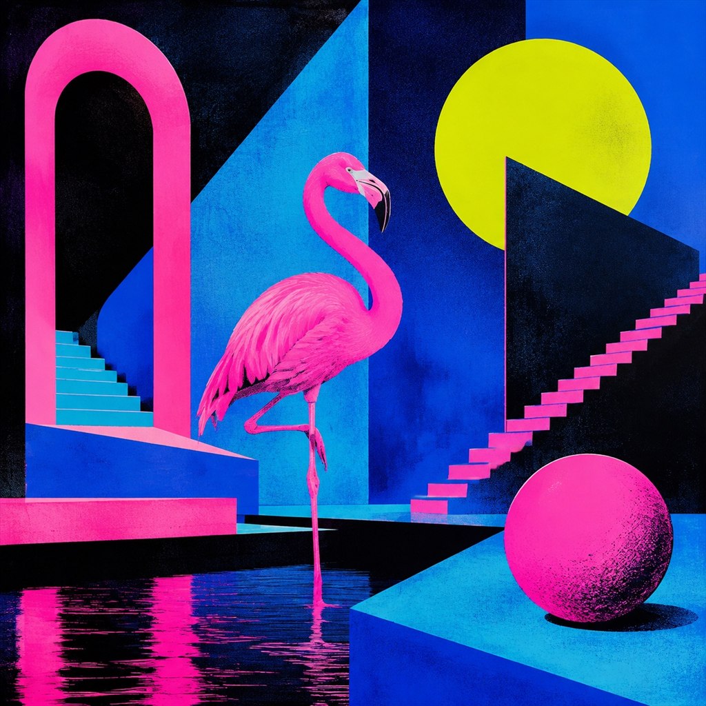 Stark graphic artwork of a neon pink flamingo standing in an abstract geometric room with electric blue shadows