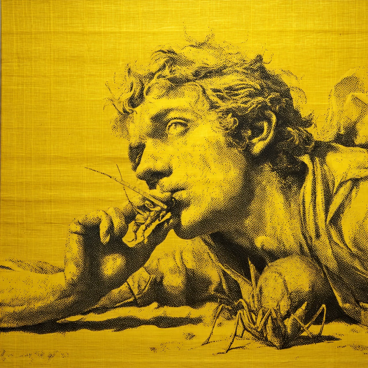 A yellow monochrome engraving of a curly-haired youth lying prone on the ground chewing a twig, propped on one hand, with an ant beside him and faint inscribed marks along the lower edge.