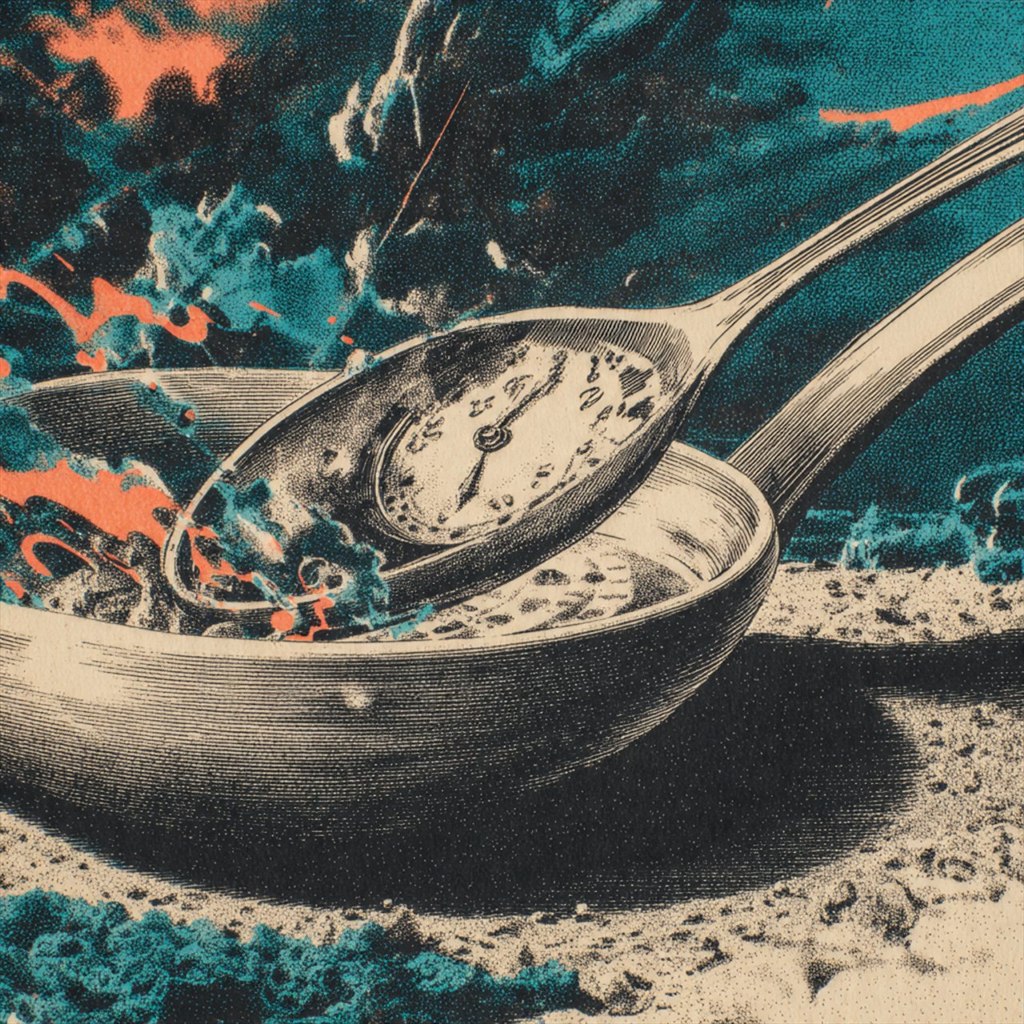 Buried Clocks: spoon, clock faces, soup bowl, time, surreal object.