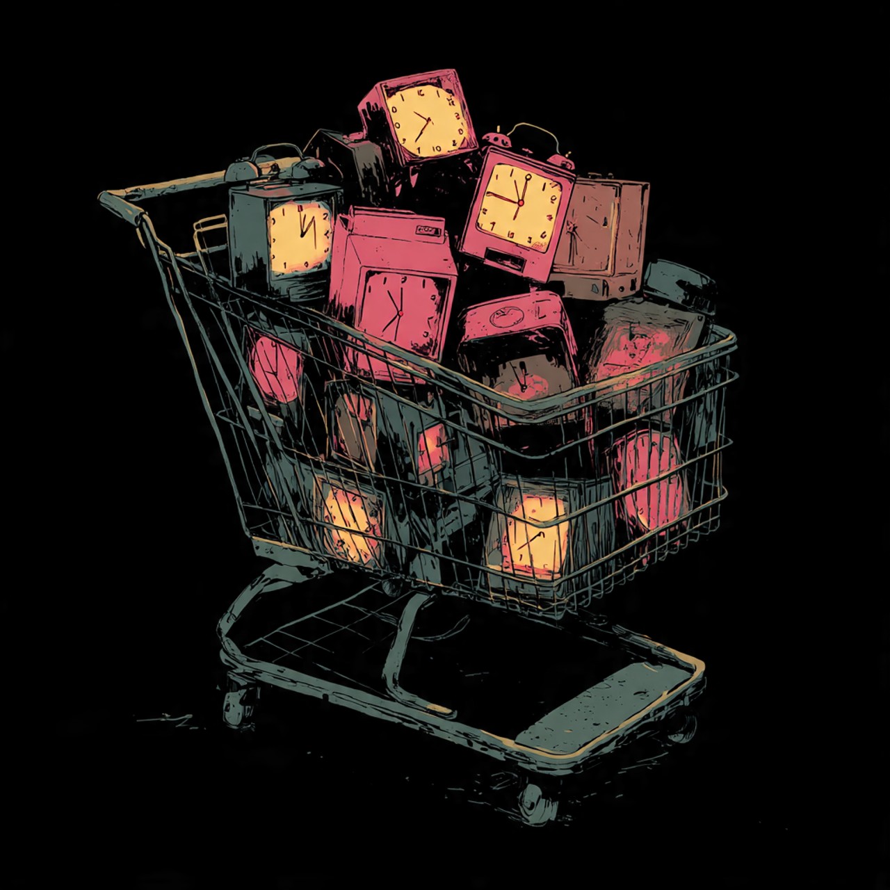 Cart of Hours: shopping cart, alarm clocks, time, object collage, black field.
