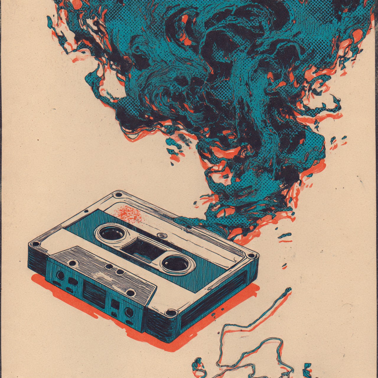 Cassette Veins: cassette tape, unspooling ribbon, branching roots, analog object, surreal print.
