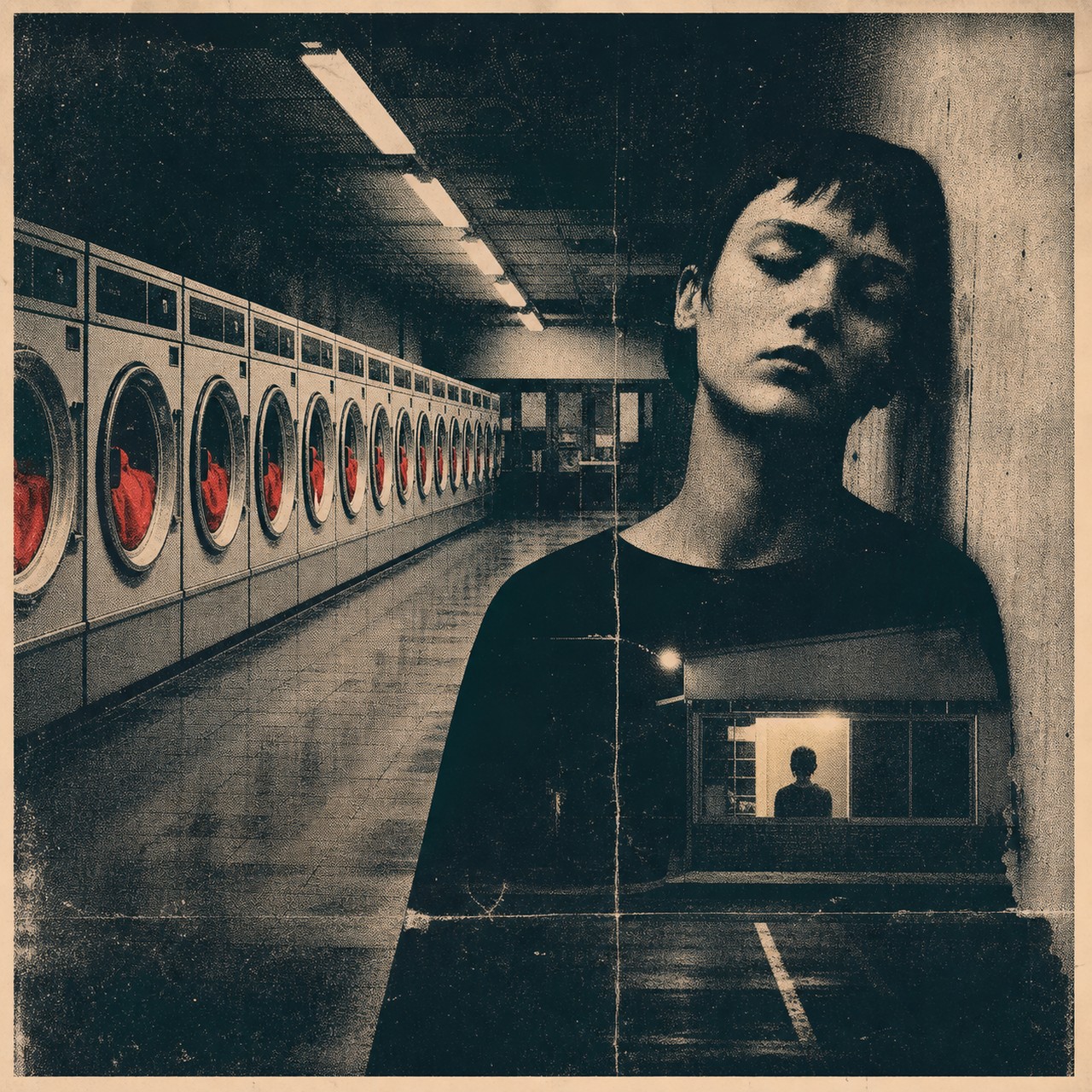 A grainy sepia image of a laundromat lined with washing machines under strip lights, overlaid with a large double-exposed portrait of a young person with closed eyes and a small lit room.