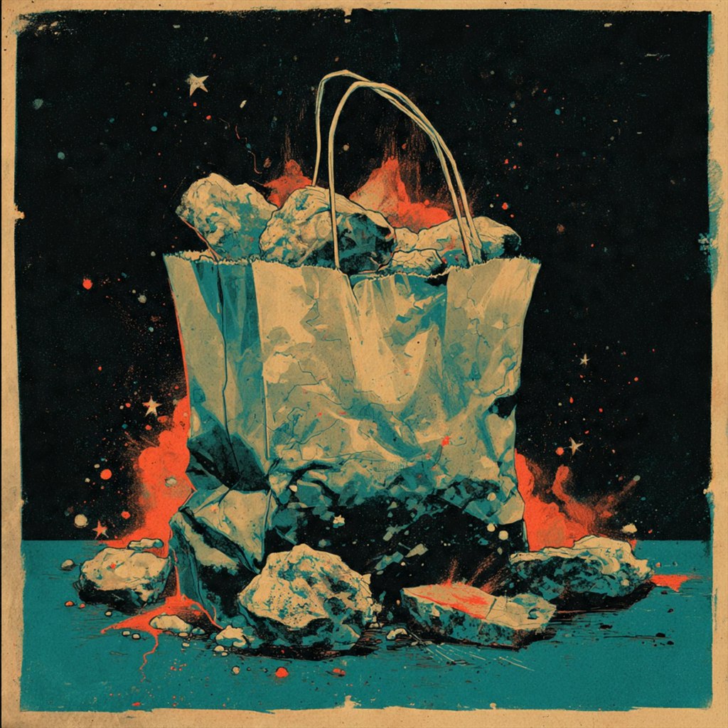 Celestial Paper Bag: paper bag, glowing stars, rocky debris, cosmic night, surreal still life.