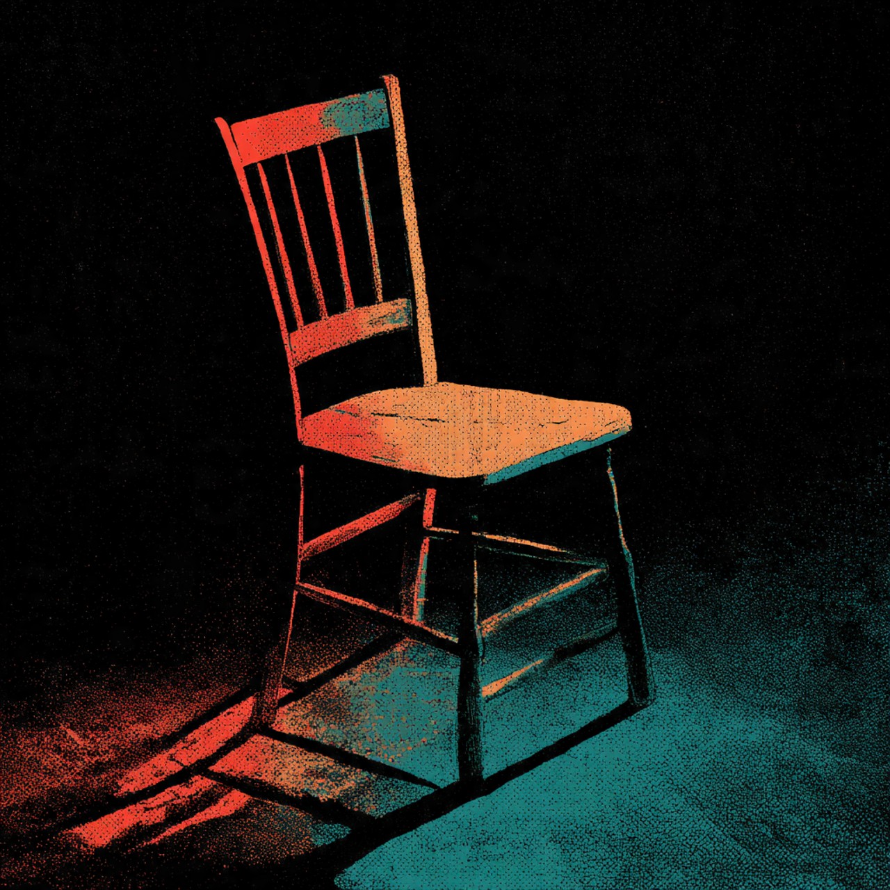 Chair After Midnight: single red chair, black room, long shadow, minimal stage, graphic print.