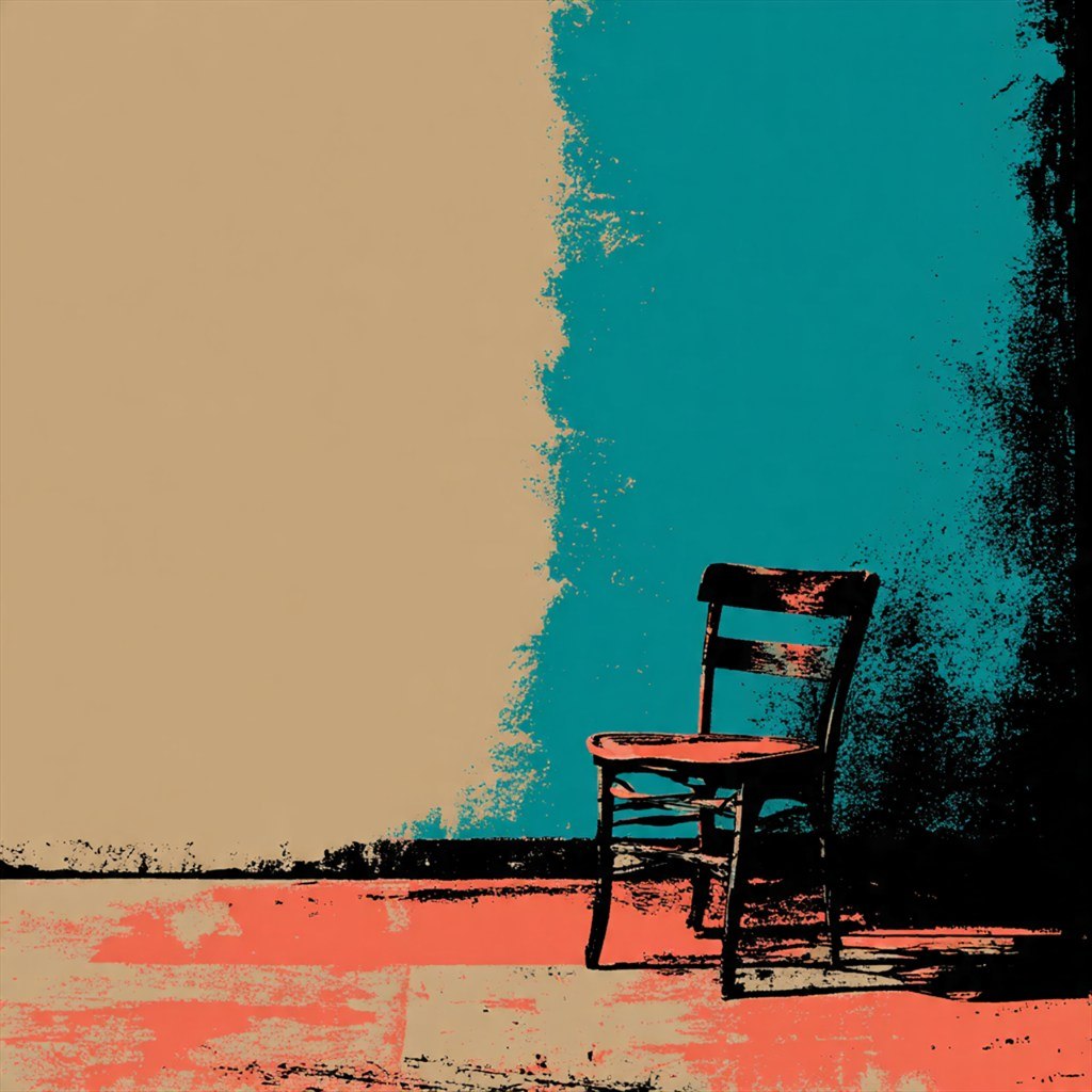 An empty chair waits where teal and coral planes meet.