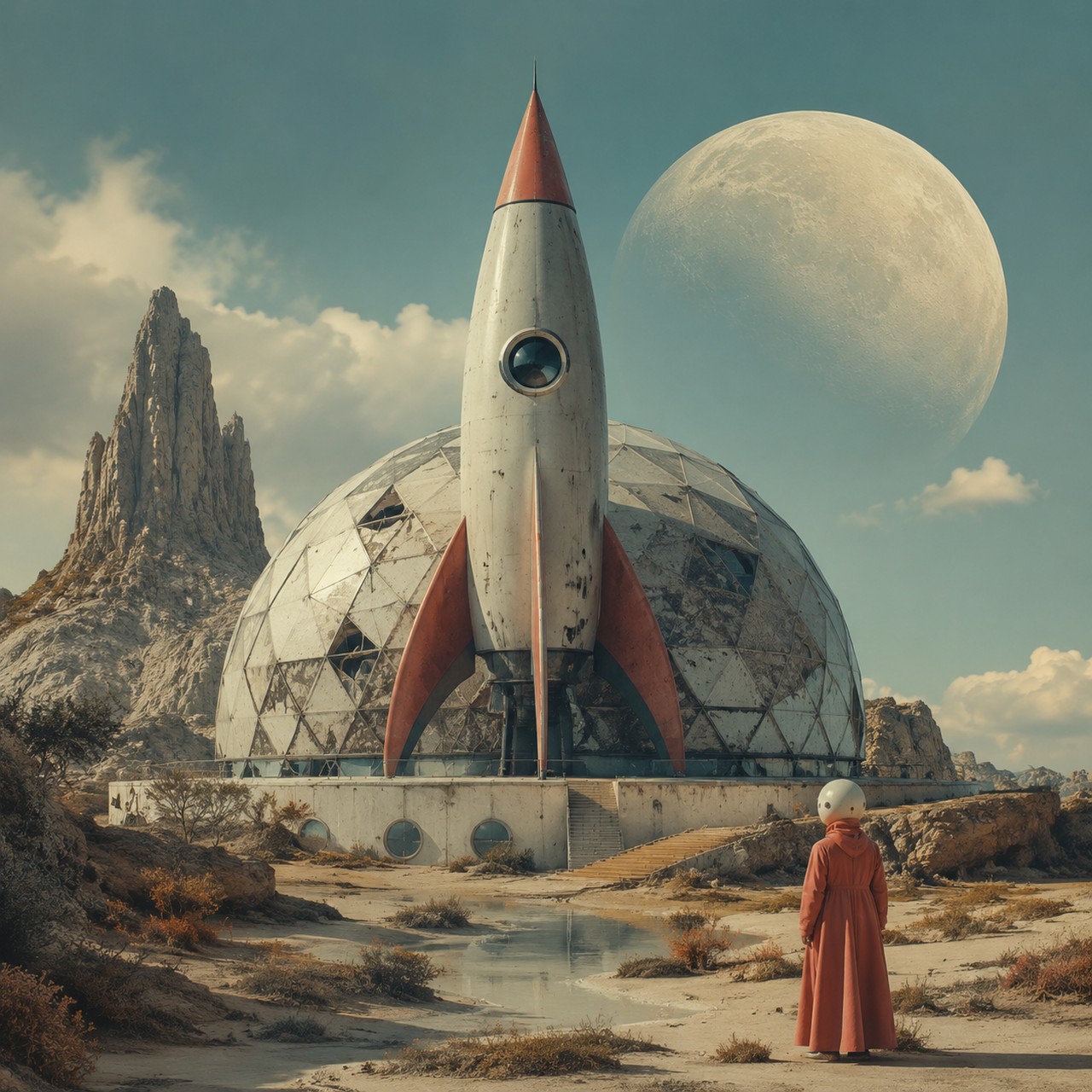 A white and red rocket stands in front of a geodesic dome in a dry rocky landscape, with a large moon in the sky and a figure in a rust-colored robe seen from behind.