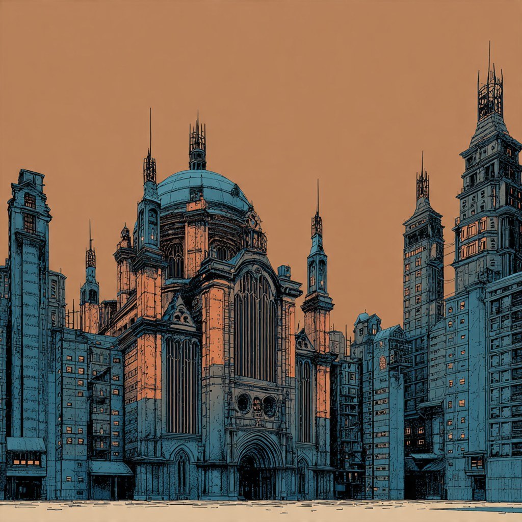 Copper facades gather into an impossible city beneath an ochre sky.