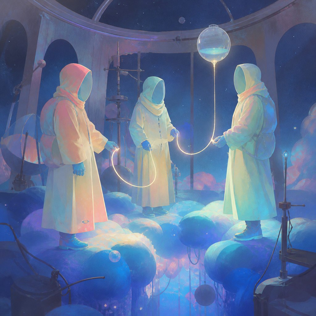 Cloud Chamber Communion: three lantern-lit figures, blue cloud pool, observatory chamber, shared thread.