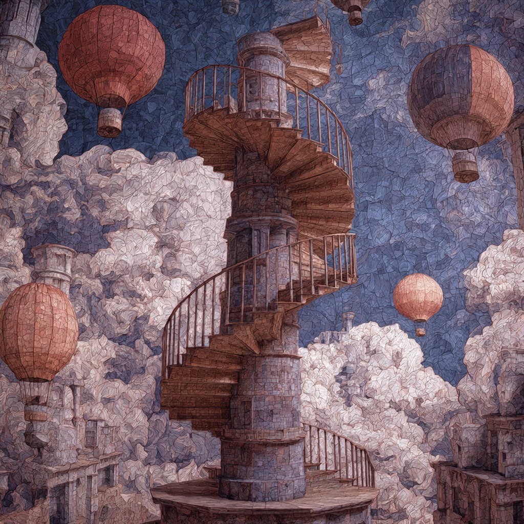 A spiral staircase climbs through clouds toward drifting industrial balloons.