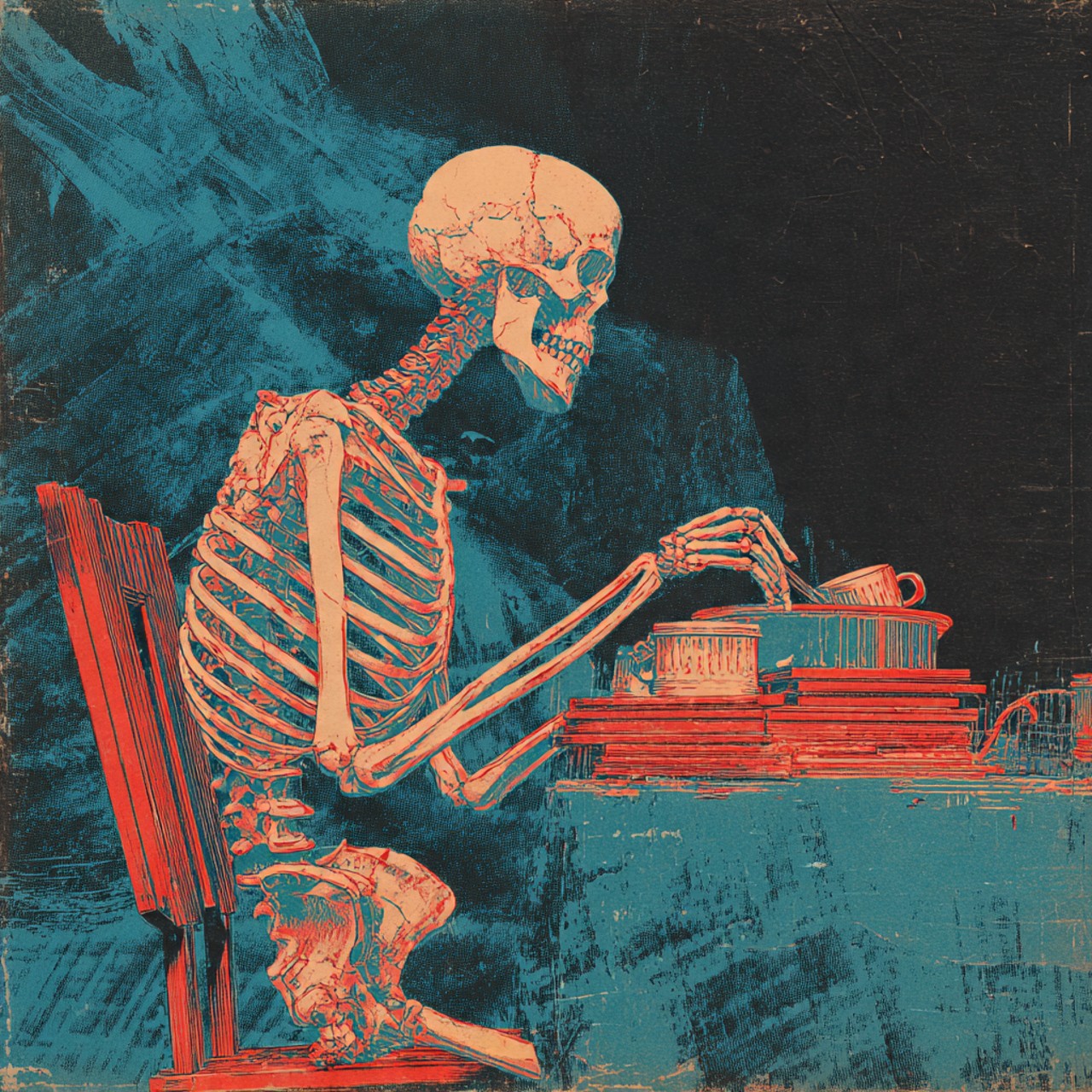 A textured print of a skeleton seated on a red chair leaning over a red desk stacked with books and papers, a cup at its elbow, against a scraped teal background.