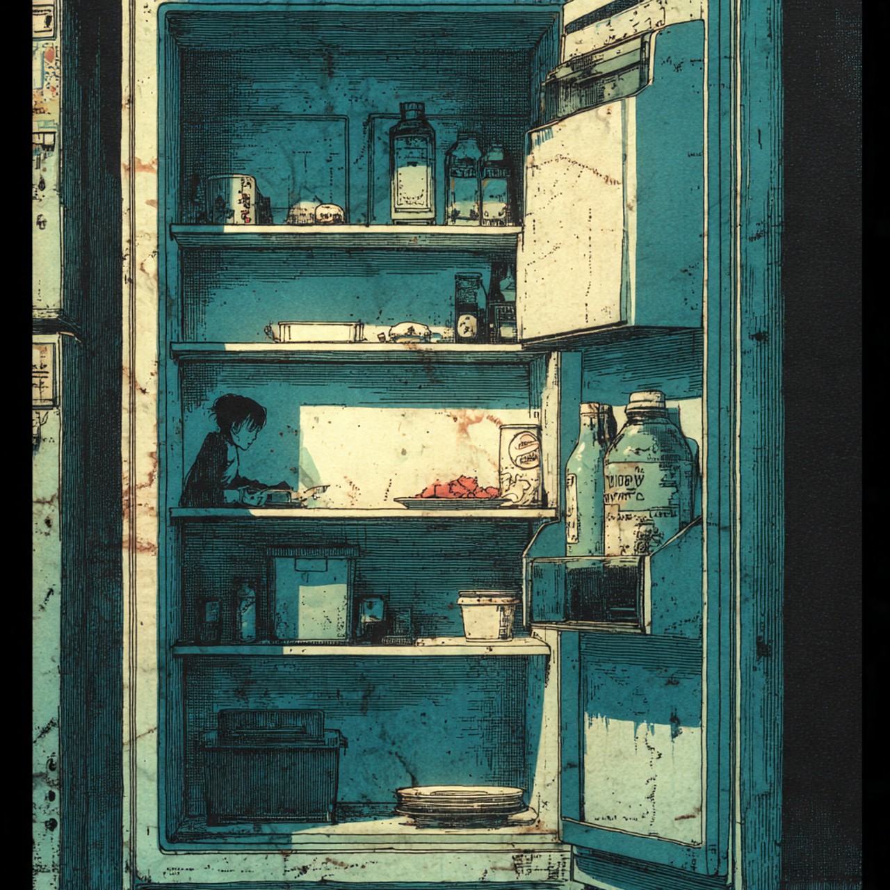 Cold Cabinet: open refrigerator, shelves, domestic object, cyan interior, surreal still life.