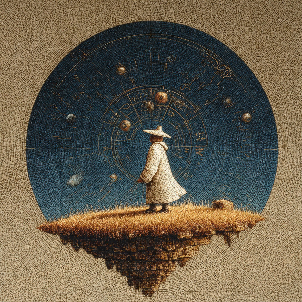 A white-clad traveler stands on a floating grass island before a vast circular blue celestial map.