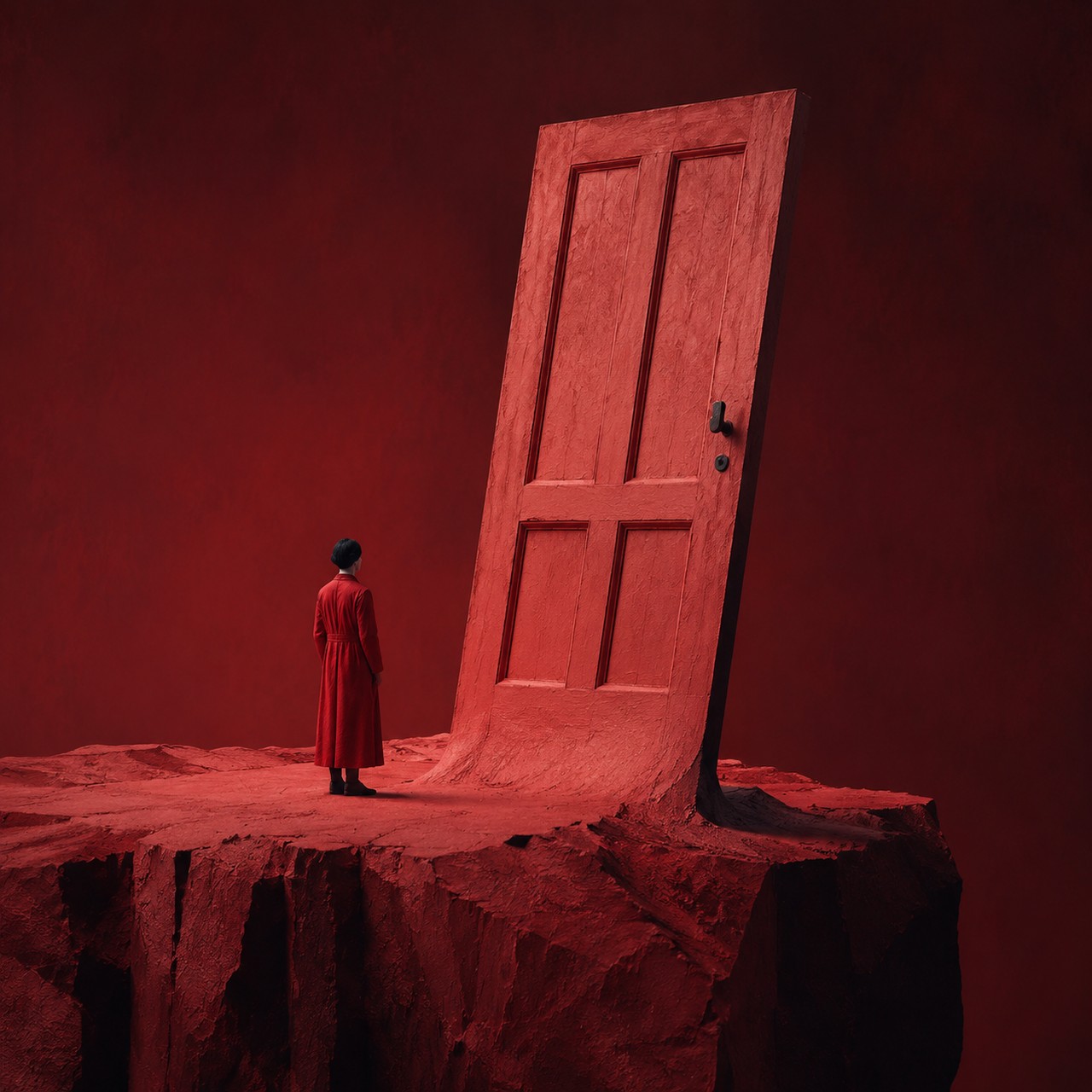 A monochrome red scene of a small robed figure standing on a cracked plateau before an enormous red door tilted into the ground.