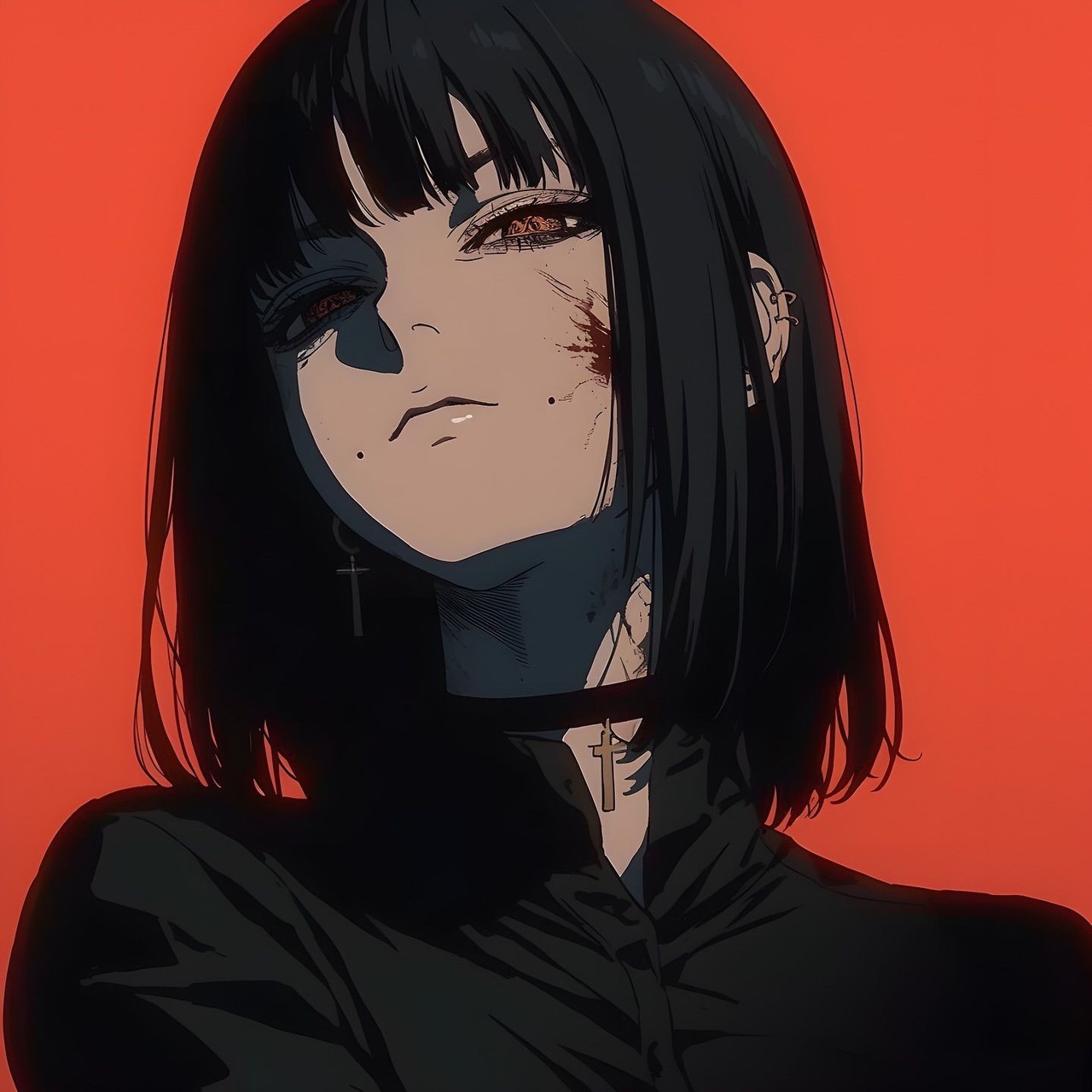 An anime-style portrait of a woman with a black bob and blunt fringe wearing a cross earring and cross pendant, with red scratch marks under one eye, set flat against a solid red background.