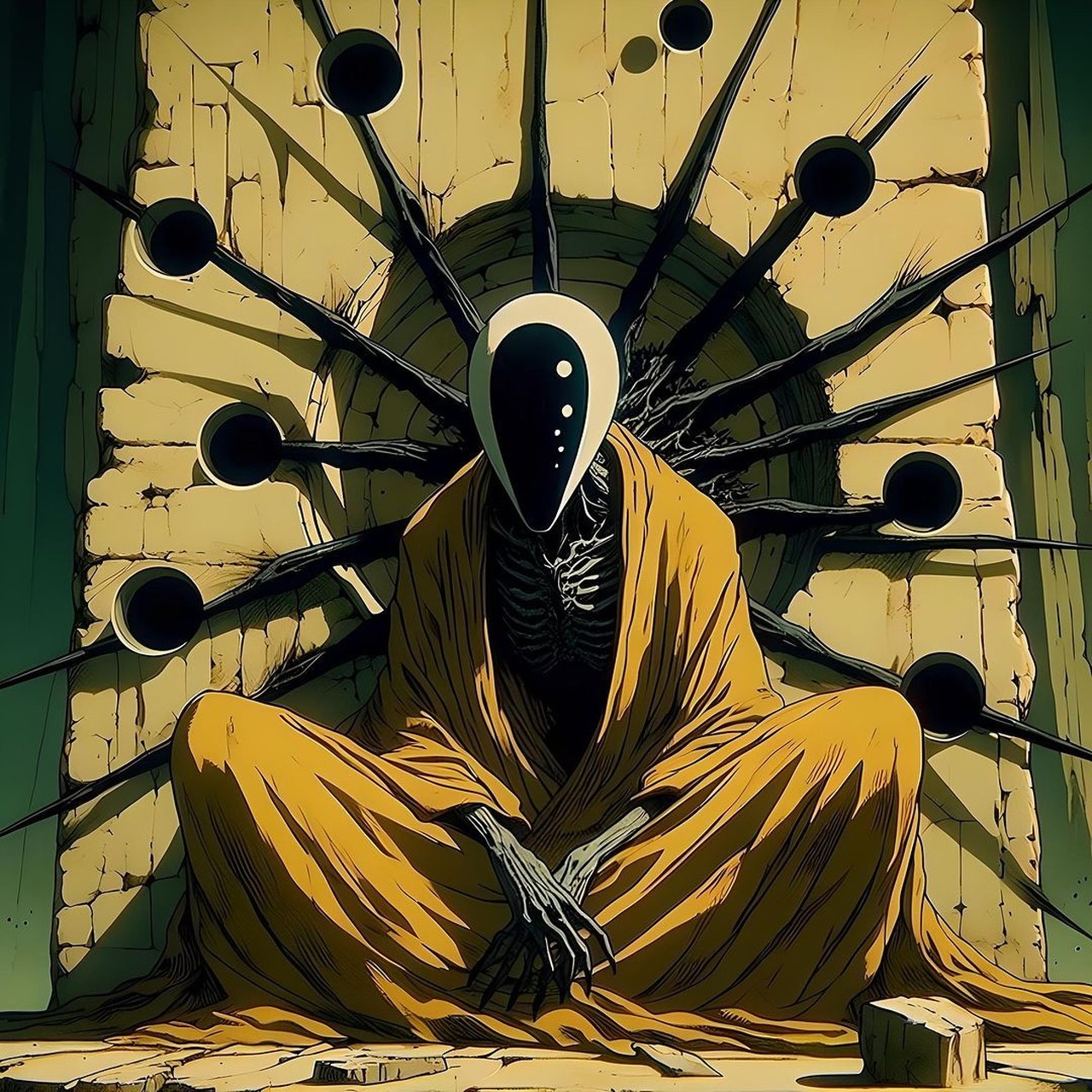 An anime-styled figure in a mustard robe with a smooth white teardrop mask sits cross-legged before a pale stone arch, ringed by long black spikes tipped with dark discs.
