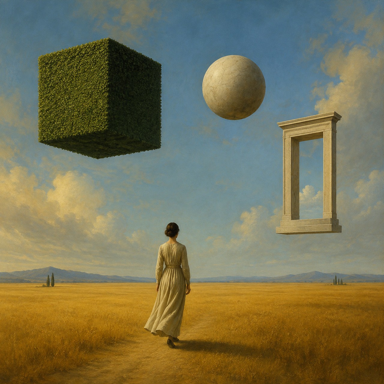 A painting of a woman in a cream dress walking a path through a golden field, with a floating hedge cube, a white stone sphere and a freestanding stone doorway in the sky.