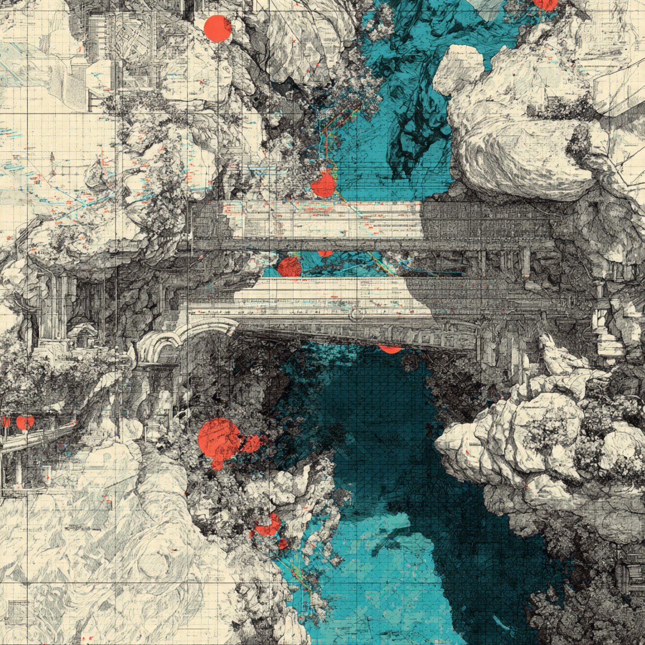 Cyan Passage: architectural passage, geometric forms, fragmented interior, mineral texture, surreal collage.