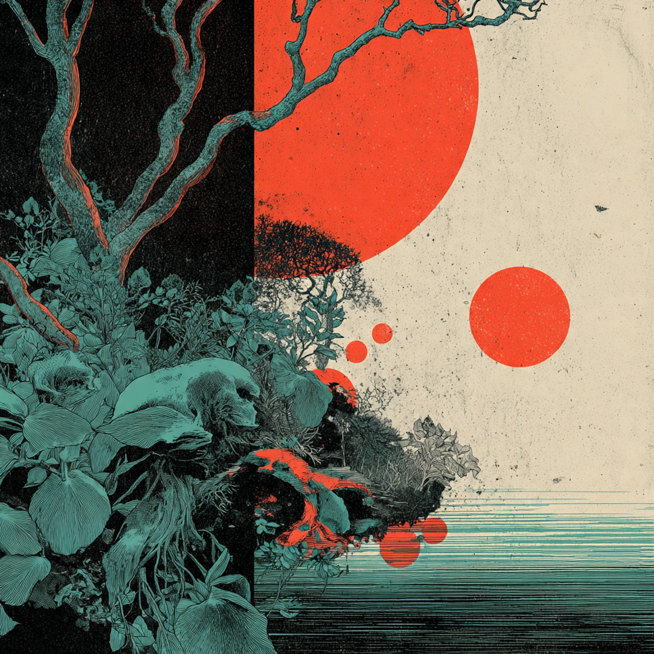 Days Almost Here: empty chair, red suns, forest edge, calendar metaphor, graphic landscape.