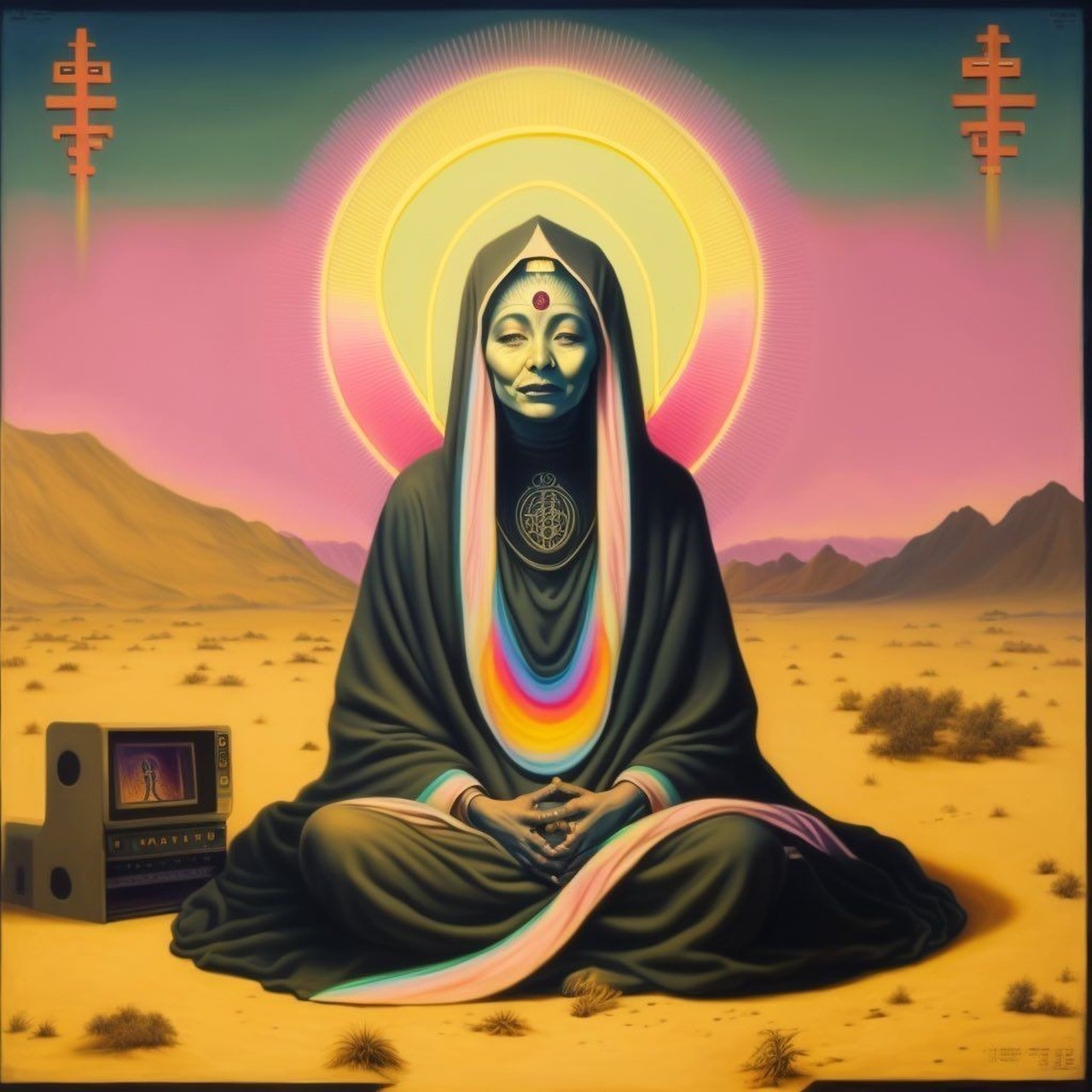 A robed figure with a rainbow-striped sash sits cross-legged in a yellow desert beneath concentric halo rings, with a small vintage television beside her and two red antenna-crosses on the horizon.