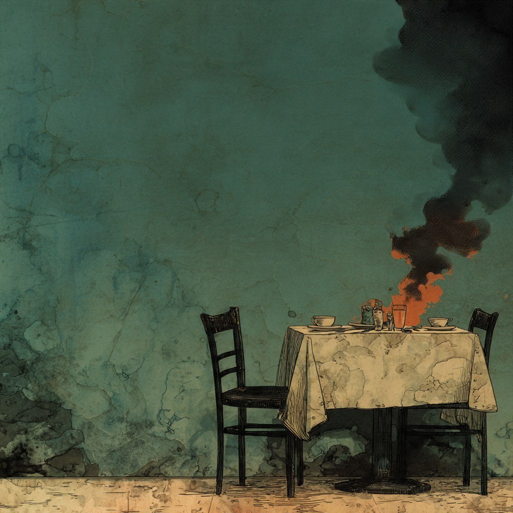 Two chairs face an abandoned table beneath a ceiling of smoke.