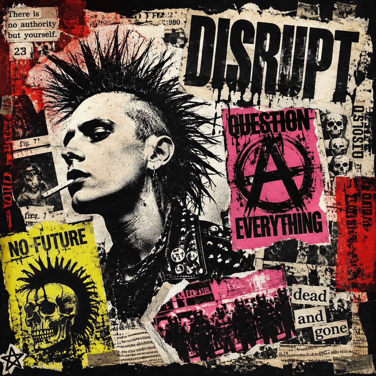 A punk collage with a mohawked figure smoking, layered newspaper scraps, a yellow skull, an anarchy symbol and the printed words DISRUPT, QUESTION EVERYTHING, NO FUTURE and dead and gone.
