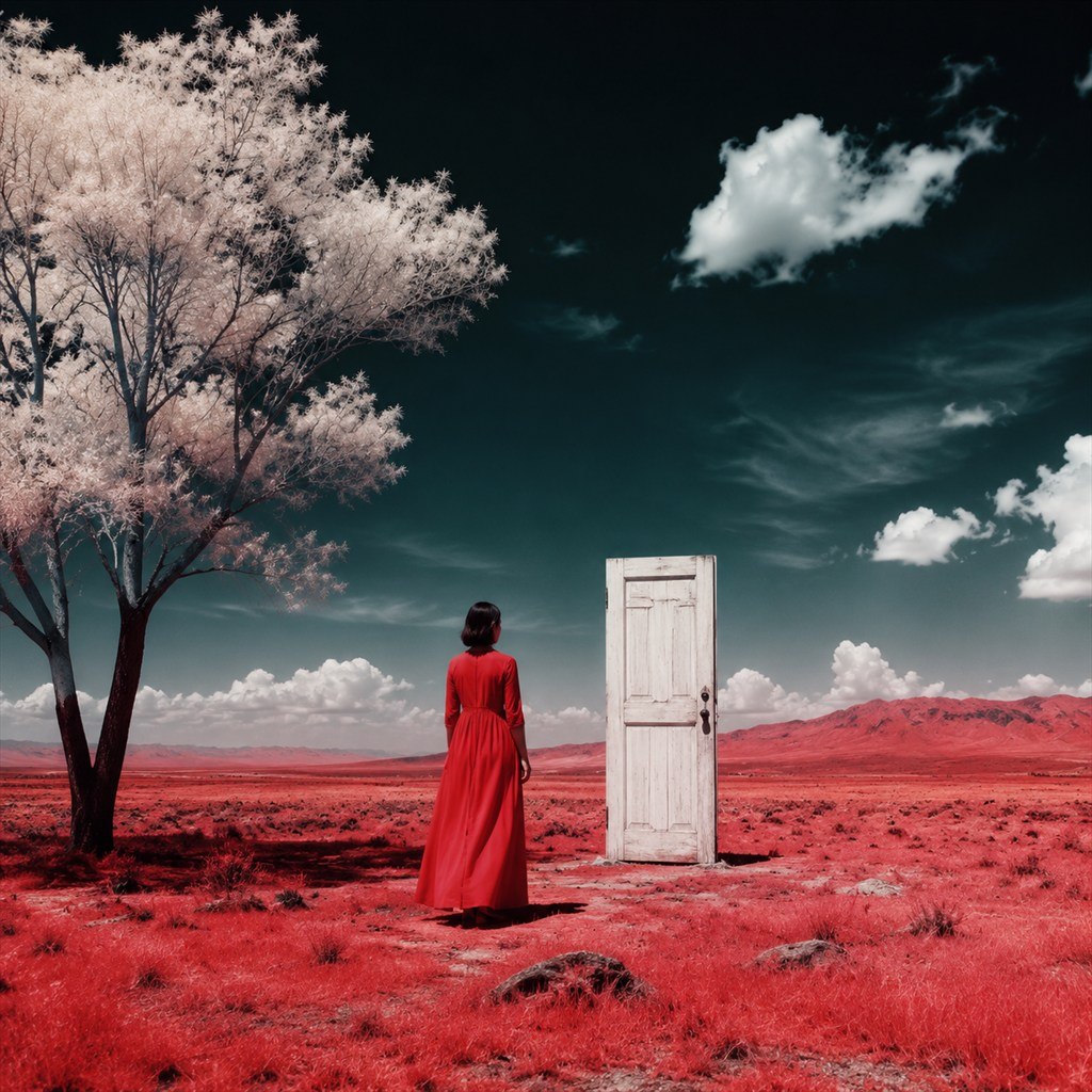 A woman in red faces a white door beneath a flowering tree.