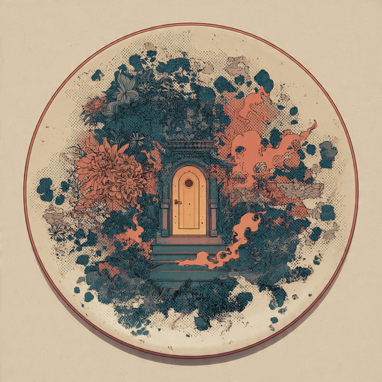 Door on a Plate: plate, tiny door, island, object surrealism, circular composition.