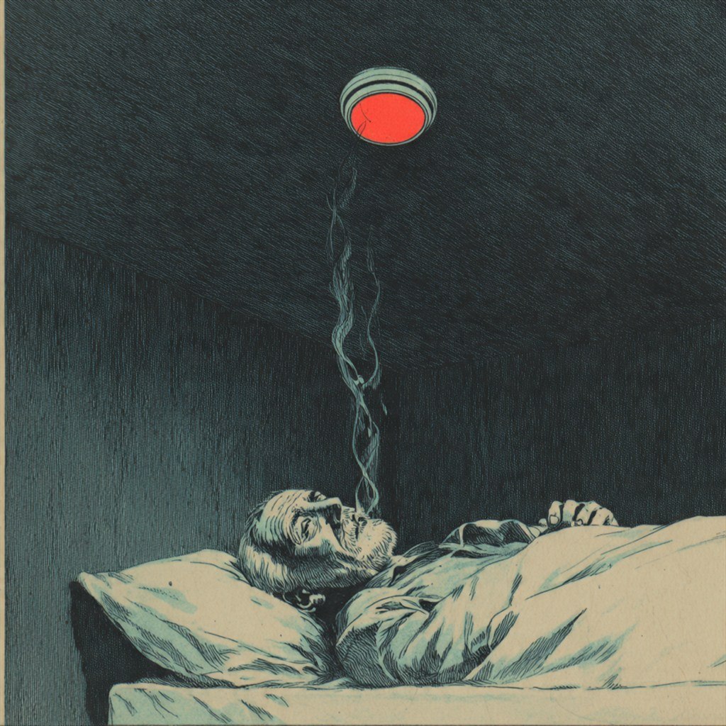 A sleeper lies beneath a suspended red signal and trailing cable.