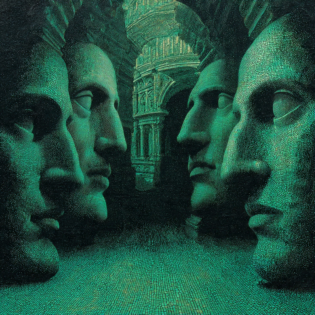 Monumental green stone faces form a symmetrical corridor around a distant classical tower.