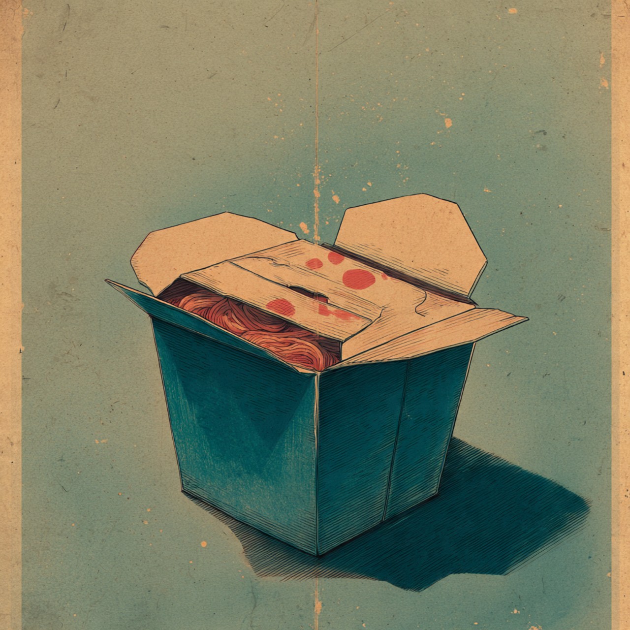 End of Takeout: takeout box, open container, red interior, minimal shadow, surreal still life.