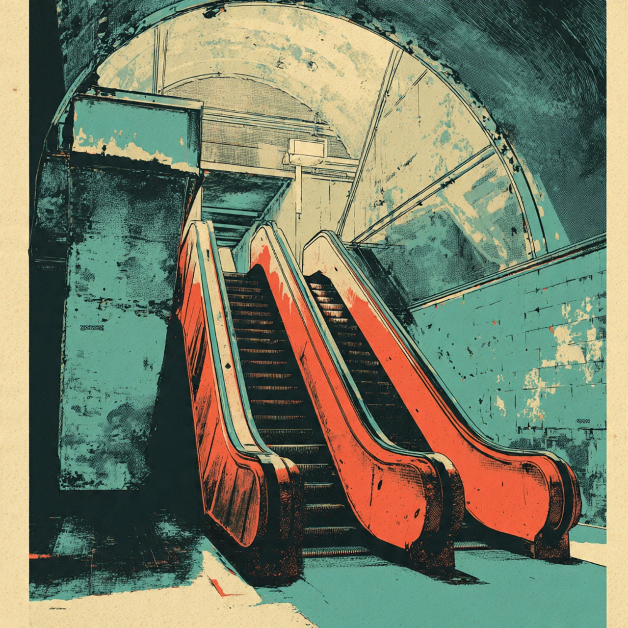 Escalator to Nowhere: broken escalator, empty architecture, coral steps, industrial, graphic print.