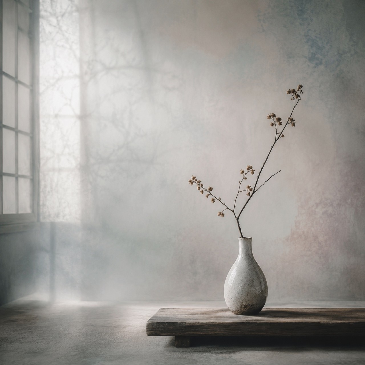 A pale ceramic vase holding a single bare branch with small dried blossoms sits on a rough wooden plank in a misty room, lit by a paned window on the left.