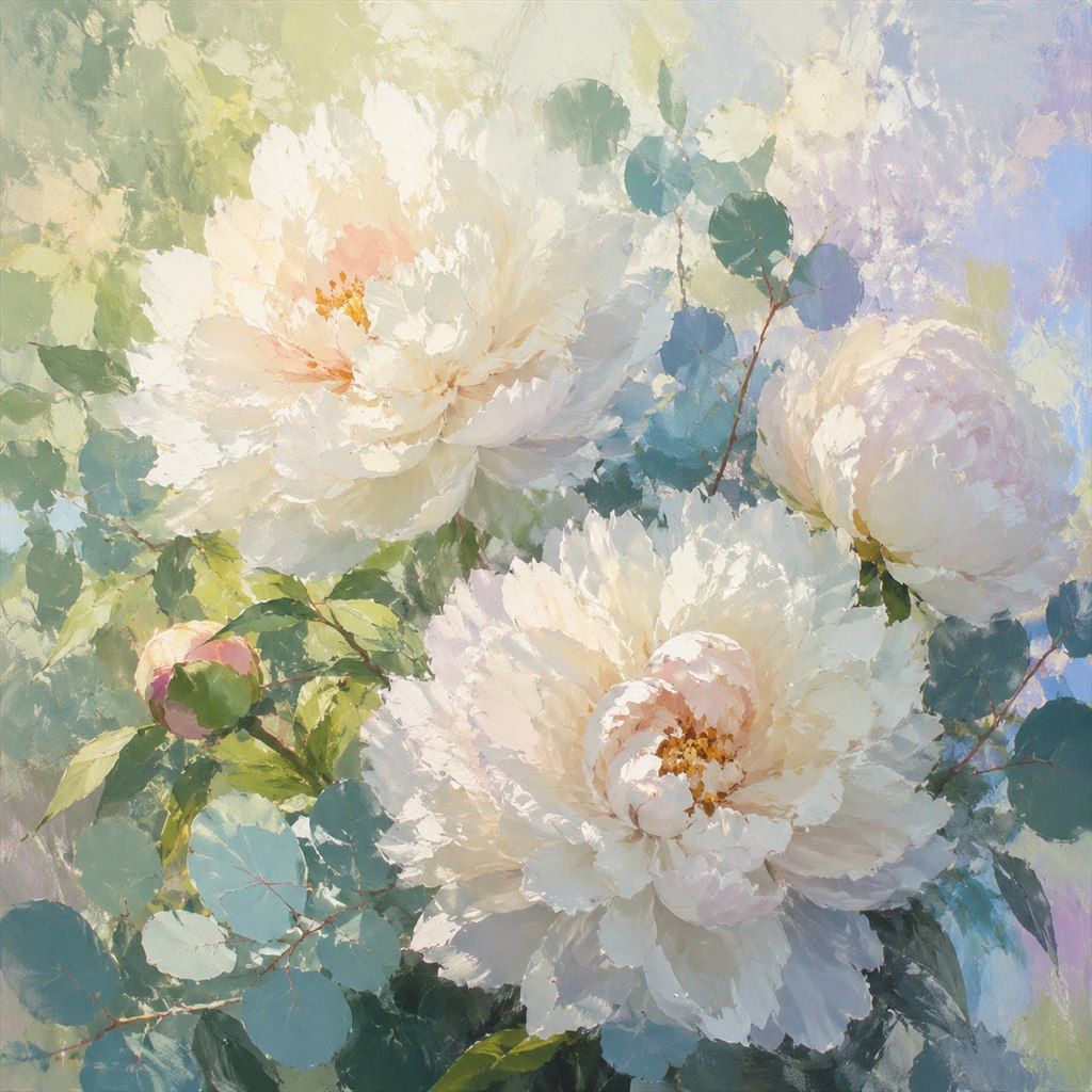 Soft impressionistic oil painting of lush white peonies and eucalyptus leaves in gentle morning light