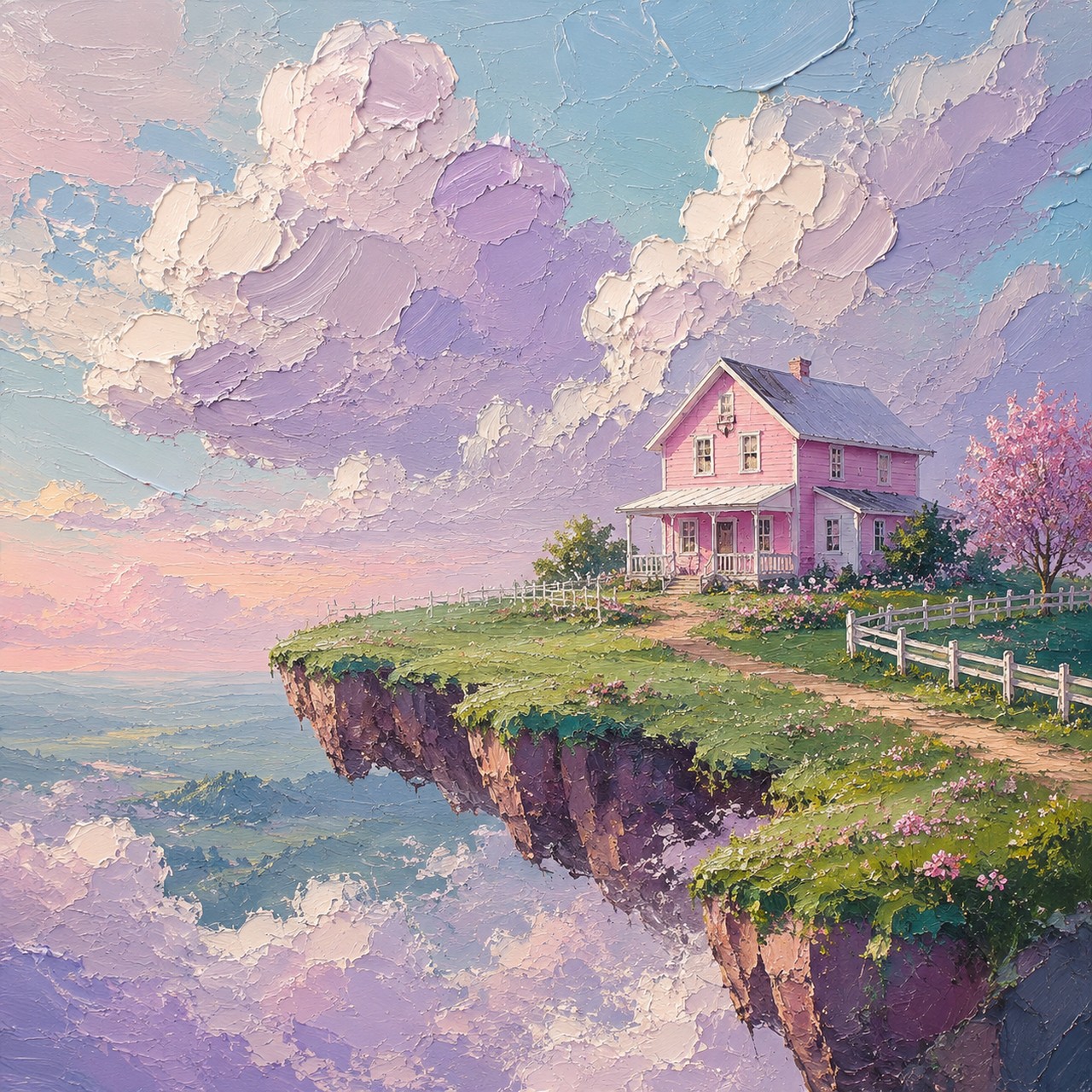 A pink two-story house with a white picket fence sits on a grassy clifftop above banks of lavender cloud, painted in thick impasto strokes.