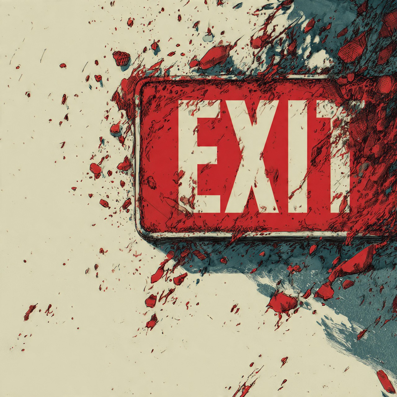 A red illuminated EXIT sign on a cream ground, its lettering partly obscured, surrounded by scattered red and teal debris that appears to be blasting outward.