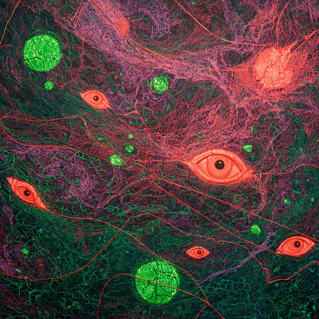 Red and green eyes surface inside a tangled field of electric fibers.