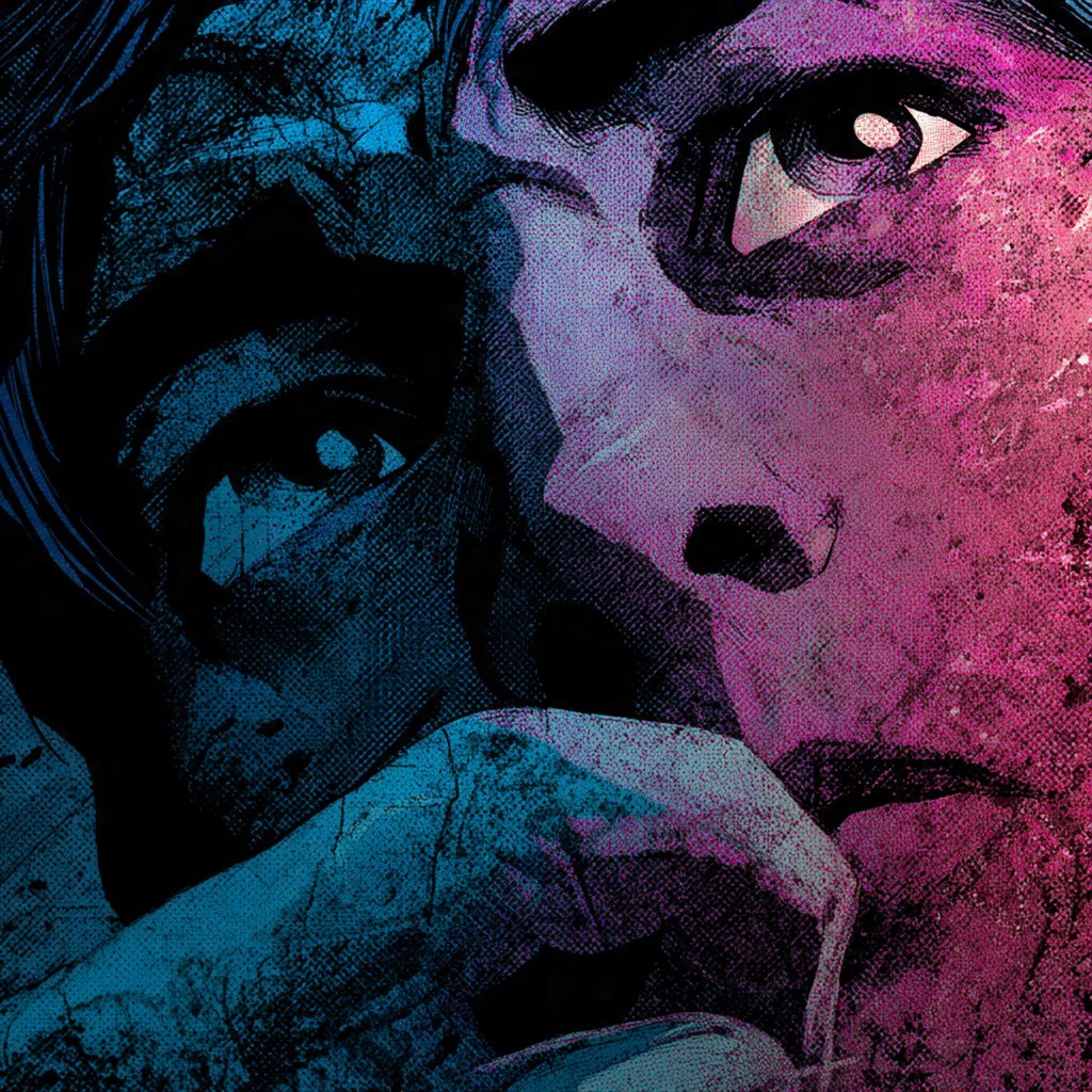 A face splits across blue violet and black graphic planes.