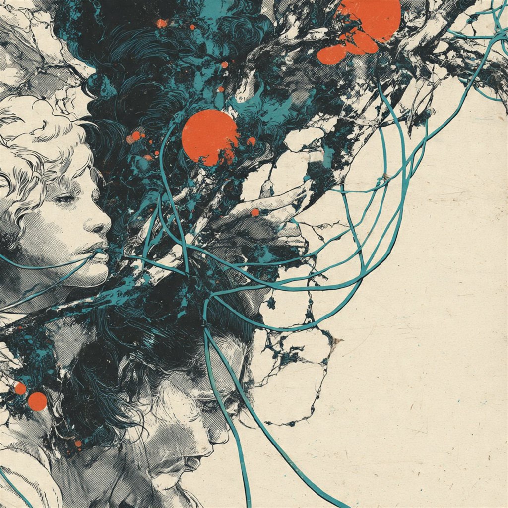 Family Circuit: telephone cord, branching network, abstract linework, coral nodes, ink collage.