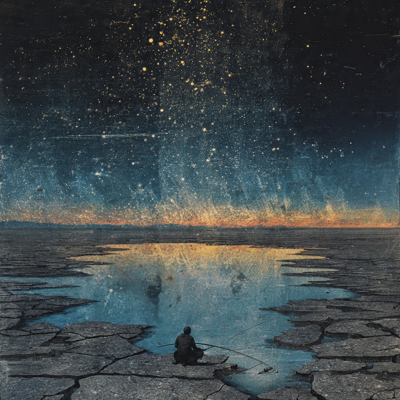 A heavily textured painting of a cracked salt flat with a shallow blue pool reflecting a dense starfield, and a single small figure seated at the water's edge holding a rod.
