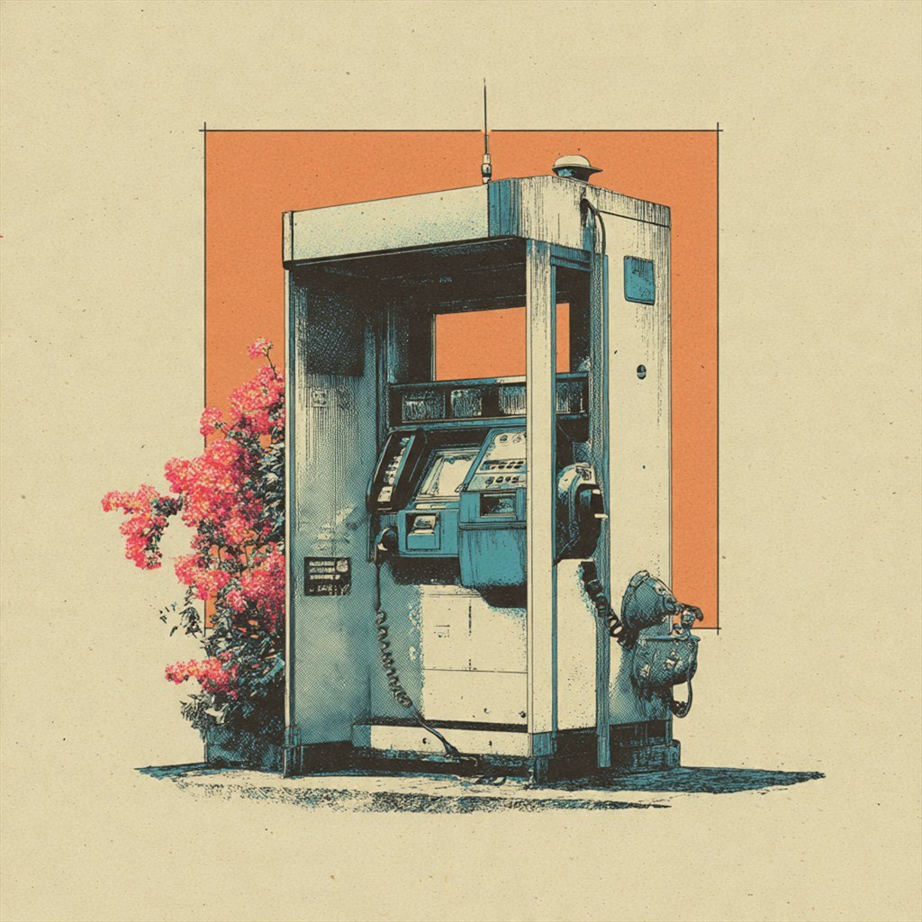 Flowers overtake a small cash machine set against a coral frame.