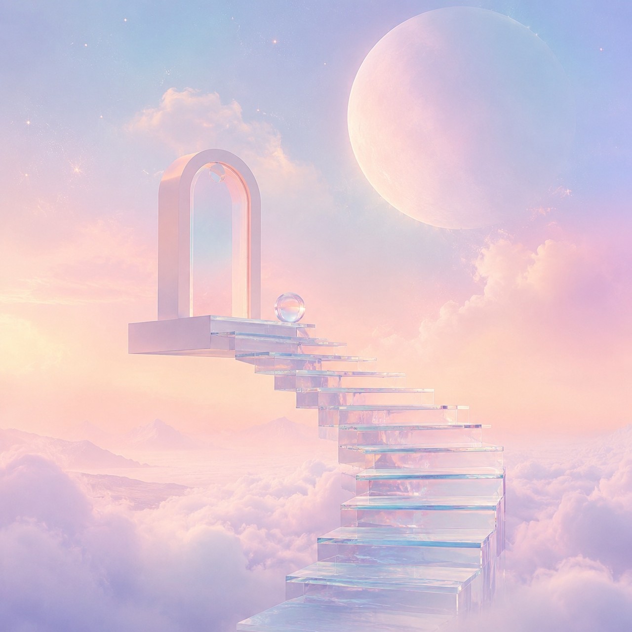 A pastel dreamscape of a glass staircase rising through clouds toward a pale arch, with a large moon and a small iridescent sphere on the landing.
